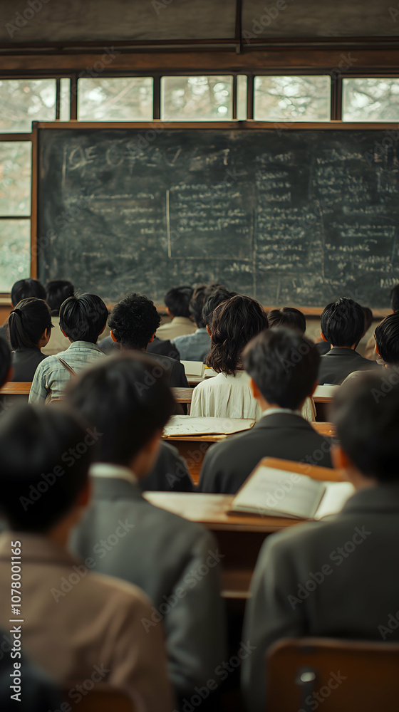 Obraz premium A Rear View of Students Sitting in a Classroom with a Chalkboard in the Background Filled with Equations and Notes