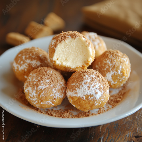 A tempting display of pumpkin spice ice cream balls garnished with cinnamon sits on a white plate. Lively pumpkins add warmth to the autumn setting.