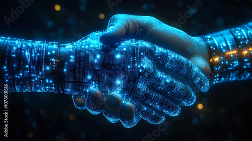 Digital Blue Handshake with Binary Code Representing AI Business Commitment