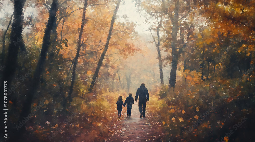 Naklejka premium A watercolor digital art scene of a family hiking on a forest trail during fall, surrounded by soft, warm tones of autumn foliage. The foreground features a detailed wooden path and scattered 