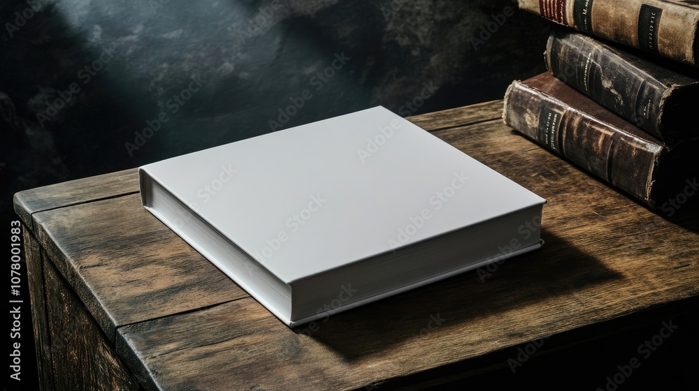 A blank white book on a wooden table, with old leather bound books in the background. A blank white book on a wooden table, with old leather bound books in the background.