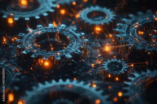 interconnected gears and cogs It symbolizes the complex and interdependent mechanisms of business analysis and data processing.