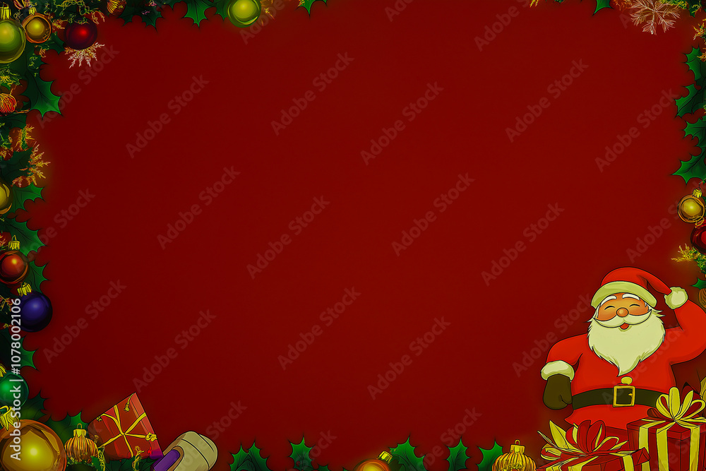 A Christmas card with a copy space, with fir branches and decorative elements on a red background. Bright Christmas and New Year background with garlands, golden confetti. A Christmas card with a copy space, with fir branches and decorative elements on a red background. Bright Christmas and New Year background with garlands, golden confetti.