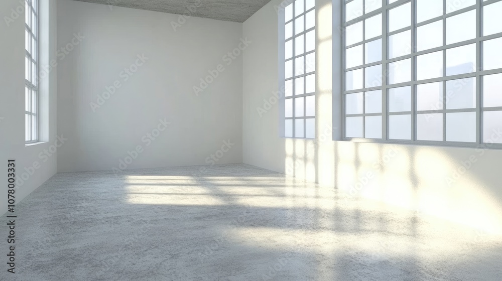 A minimalist, empty room with large windows letting in natural light, creating a bright and airy atmosphere. A minimalist, empty room with large windows letting in natural light, creating a bright and airy atmosphere.