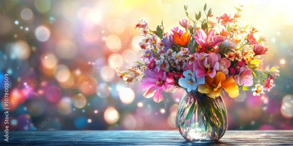 A vibrant bouquet of colorful flowers in a glass vase. The background features a soft bokeh effect that enhances the beauty of the arrangement. Ideal for decorations and floral designs. AI A vibrant bouquet of colorful flowers in a glass vase. The background features a soft bokeh effect that enhances the beauty of the arrangement. Ideal for decorations and floral designs. AI