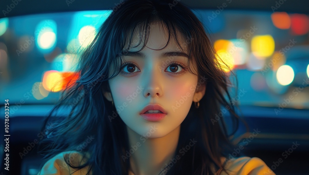 Woman in a Car with Blurred City Lights Woman in a Car with Blurred City Lights