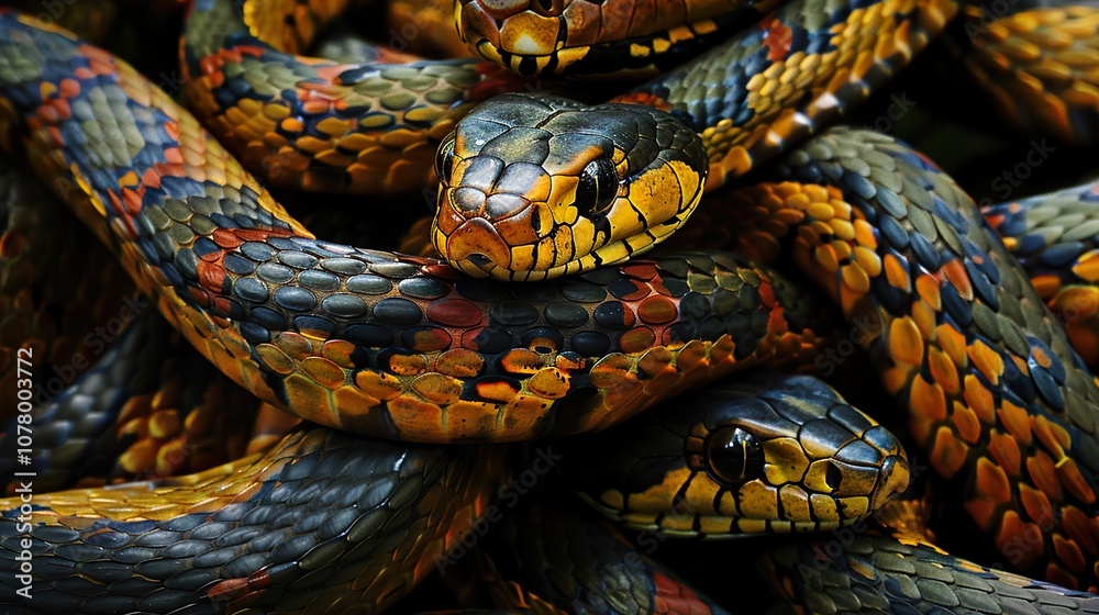 Close-Up of a Colorful Snake with Intricate Scales Close-Up of a Colorful Snake with Intricate Scales
