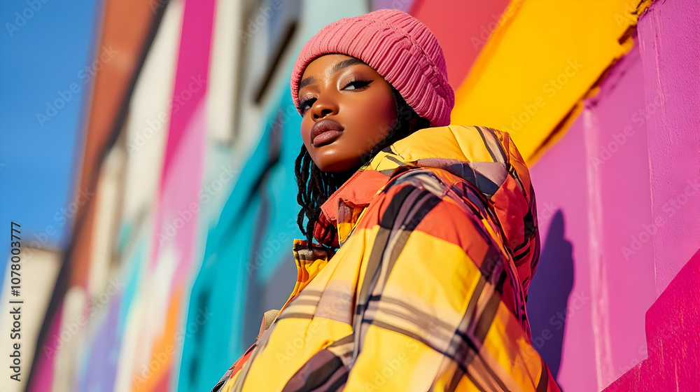 A model wearing a stylish outfit with colorful wall background. A model wearing a stylish outfit with colorful wall background.