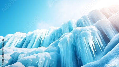 Glistening Frozen Waterfall Amidst Snowy Rocks in the Winterscape