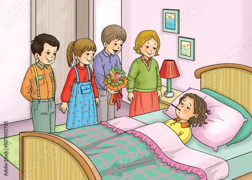 Young children visiting sick friends.