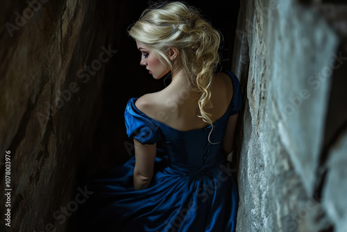 Back view of a debutante young woman with blonde hair wearing a silk royal blue regency era dress in a medieval building corridor with stone walls photo