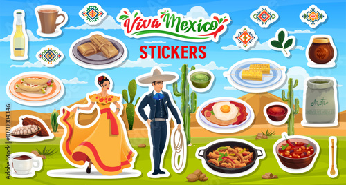 Mexican cuisine and national characters stickers pack. Mexico food, drinks, charro cowboy and woman dancer vector personages. Corn, fajitas, enchiladas and beer, hot chocolate, tamales and mate tea