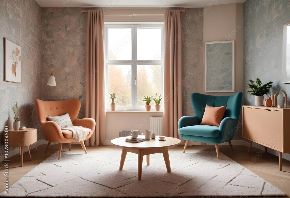 Scandinavian living room interior design zoom background,Doodle patterned wallpaper graphics Scandinavian living room interior design zoom background,Doodle patterned wallpaper graphics