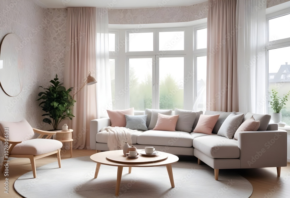 Scandinavian living room interior design zoom background,Doodle patterned wallpaper graphics Scandinavian living room interior design zoom background,Doodle patterned wallpaper graphics