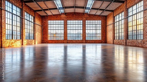 A spacious industrial interior with large windows and polished flooring, ideal for events.