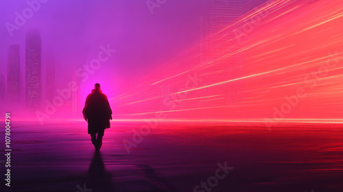 figure walks through vibrant cityscape, surrounded by abstract streaks of light and color, evoking sense of mystery and motion