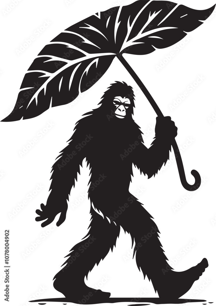 Fototapeta premium Bigfoot silhouette holding a large leaf like an umbrella
