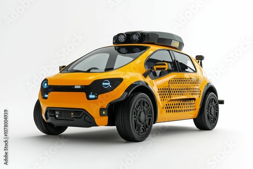 A yellow car with black wheels and a roof rack.