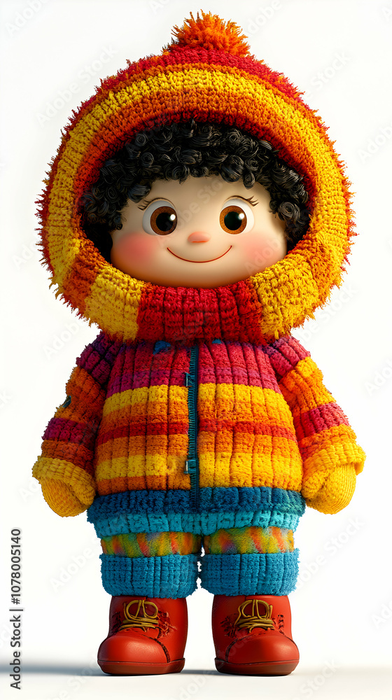 Fototapeta premium Smiling Cartoon Character Wearing a Colorful Knitted Outfit and Red Boots