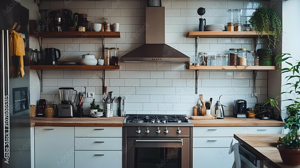 A modern kitchen with minimalist cabinet, wooden shelf and clean white backsplash. Kitchen Style A modern kitchen with minimalist cabinet, wooden shelf and clean white backsplash. Kitchen Style