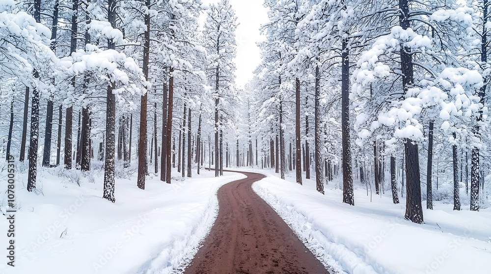Fototapeta premium Snow-Dusted Pine Trees Lining a Quiet Winter Trail Through a Serene Landscape