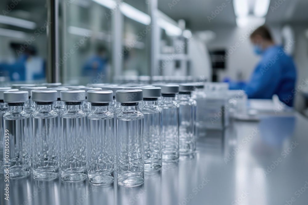 Rows of transparent glass vials filled with vaccines aligned on a sterile lab bench, with a researcher visible in the background. The image focuses on medical research and healthcare progress Rows of transparent glass vials filled with vaccines aligned on a sterile lab bench, with a researcher visible in the background. The image focuses on medical research and healthcare progress