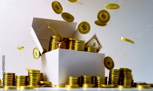Open Gift Box with Falling Money and Gold Coins