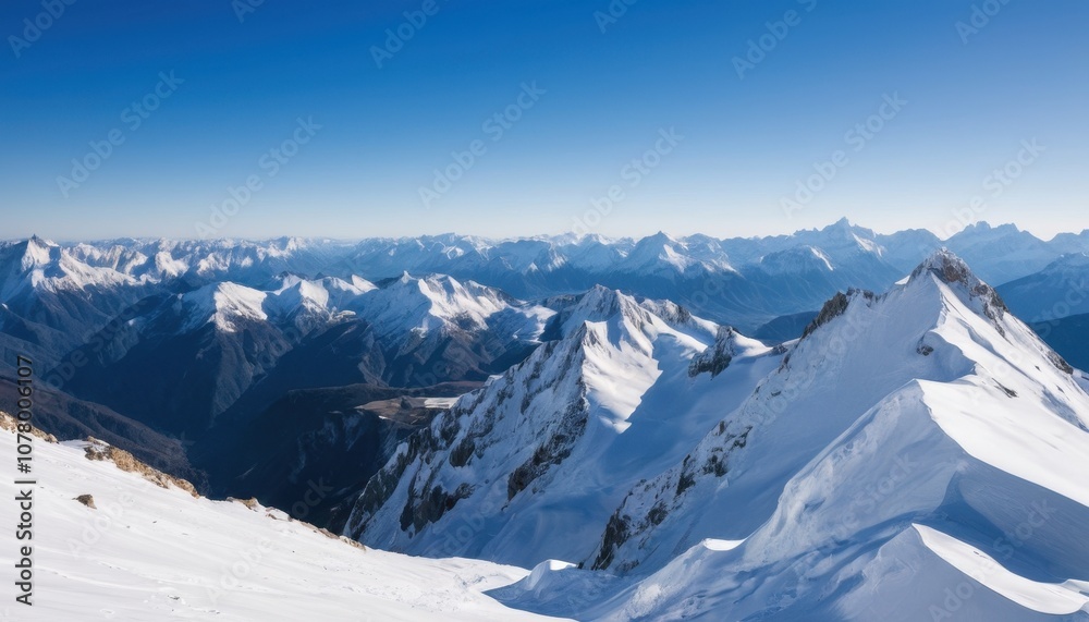 mountain peaks covered in snow with a clear blue sky, breathtaking landscape mountain peaks covered in snow with a clear blue sky, breathtaking landscape