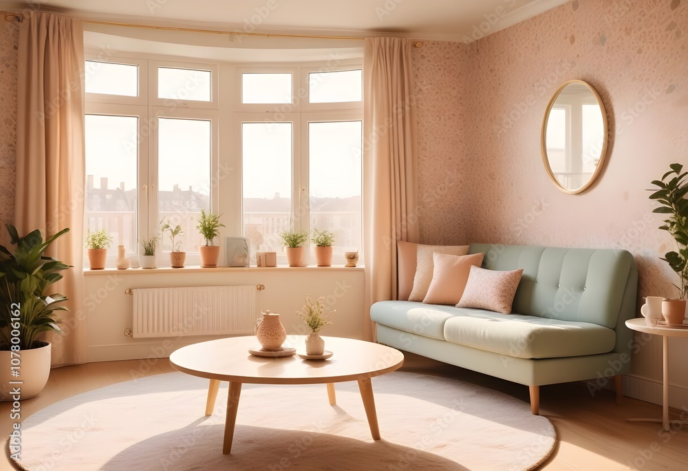 Scandinavian living room interior design zoom background,Doodle patterned wallpaper graphics Scandinavian living room interior design zoom background,Doodle patterned wallpaper graphics