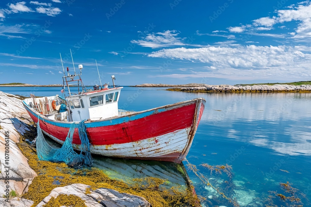 Fishing boats and nets in scenic coastal settings