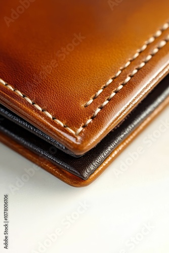 Close-up of brown leather wallet stitching.