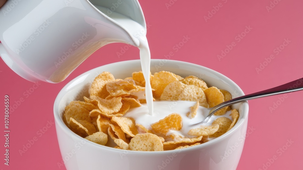 Close-Up of Cereal Bowl with Milk and Spoon in Simple Setting Close-Up of Cereal Bowl with Milk and Spoon in Simple Setting