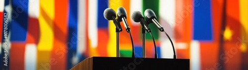 A podium with microphones in front of colorful international flags.