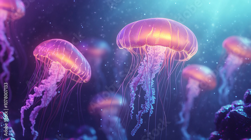 3D render of glowing jellyfish in the dark sea, with glowing lights