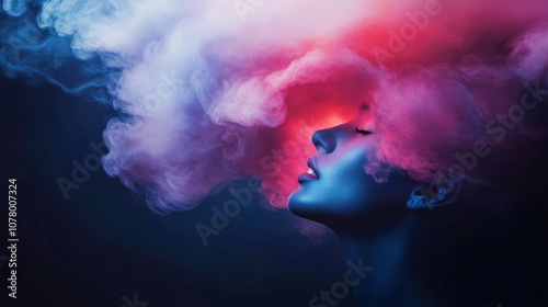 woman with colorful smoke surrounding her head, creating surreal effect. vibrant hues blend beautifully, evoking sense of dreaminess and creativity