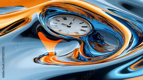 Wallpaper Mural Abstract 3D Illustration of a Clock Submerged in Wavy Metallic Blue and Orange Liquid Torontodigital.ca