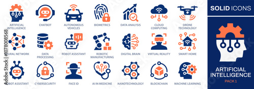 Artificial intelligence icons, such as innovation, machine learning, robotics and more. Vector illustration. Easily changes to any color.
