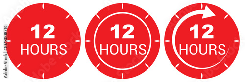 12 hours service vector symbol. 12h service duration sign. 12 h discount offer icon set. Fast 12hr support sign collection. Vector illustration.