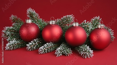 Red christmas baubles with pine branches, festive photo