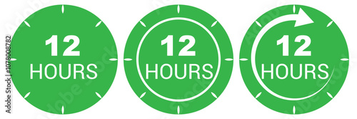 12 hours service vector symbol. 12h service duration sign. 12 h discount offer icon set. Fast 12hr support sign collection. Vector illustration.