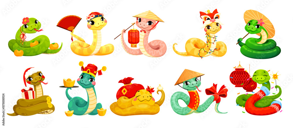 Naklejka premium Cartoon 2025 Chinese lunar New Year snake characters for Asian holiday, vector emoji. Funny snakes in traditional Chinese costumes with paper light lanterns for 2025 year calendar and Chinese New Year