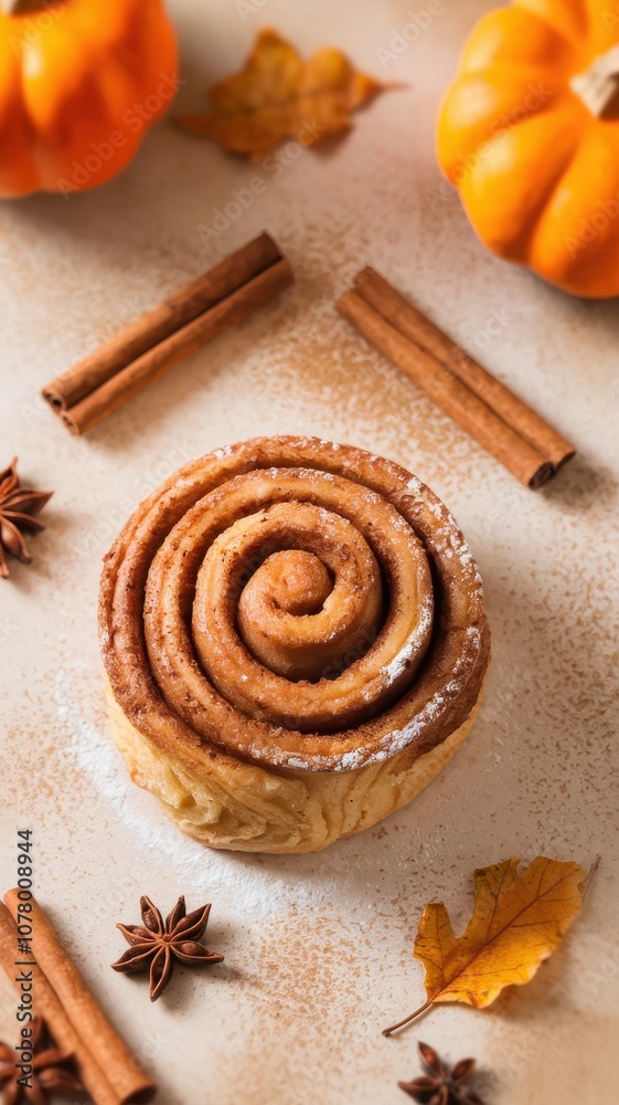 Cinnamon Roll Surrounded by Autumn Leaves and Spice Elements Cinnamon Roll Surrounded by Autumn Leaves and Spice Elements