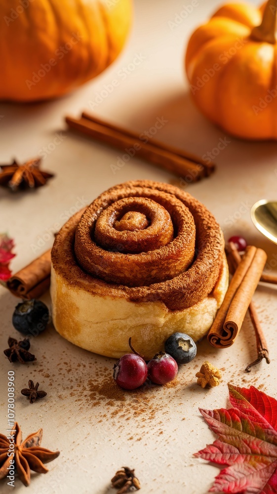 Fototapeta premium Simple Cinnamon Roll with Autumnal Decorations in Close-Up