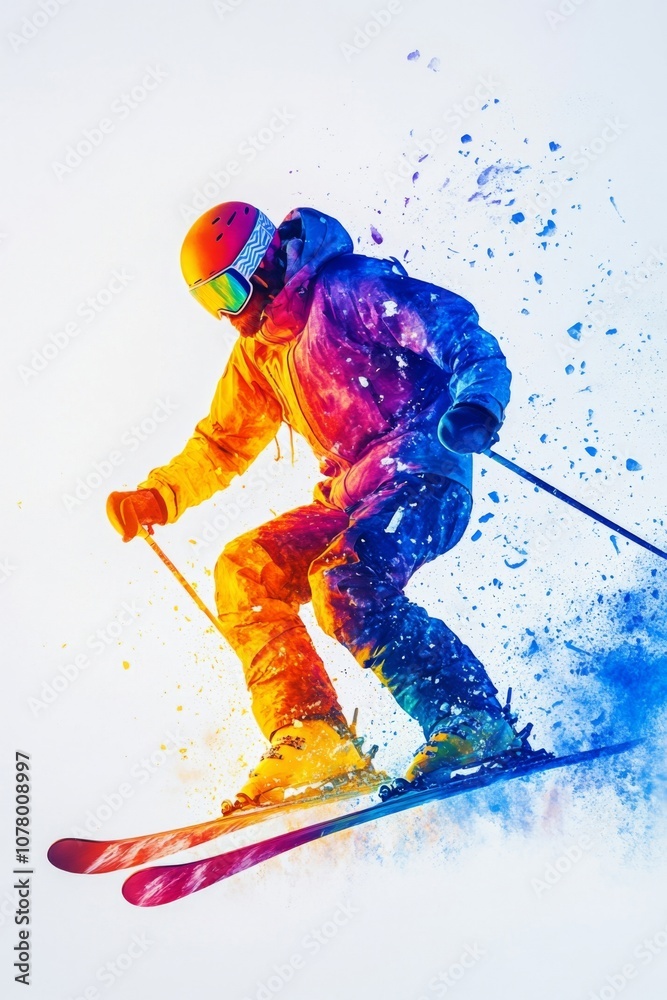 Naklejka premium Colorful skier carving through fresh powder snow, capturing the thrill of winter sports on a bright sunny day. Generative AI