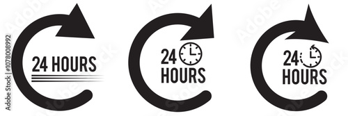 black 24 hours service vector symbol set illustration, fast 24 hours support sign collection