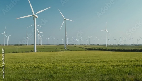 wide shot of wind turbines in a field, sustainable energy concept