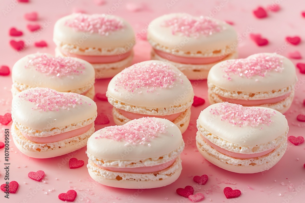 A close-up view of nine heart-shaped macarons with pink frosting and sprinkles on a pink surface with scattered pink heart sprinkles. A close-up view of nine heart-shaped macarons with pink frosting and sprinkles on a pink surface with scattered pink heart sprinkles.