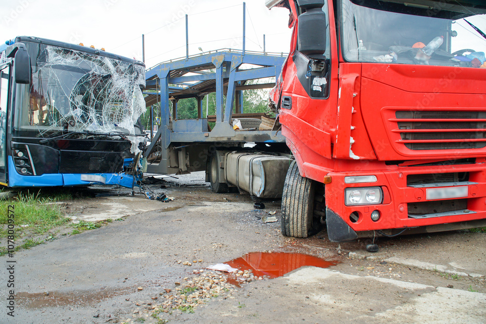 Collision between a bus and a car transporter. Truck and bus accident. Road traffic accident. An example of bad driving. Collision between a bus and a car transporter. Truck and bus accident. Road traffic accident. An example of bad driving.