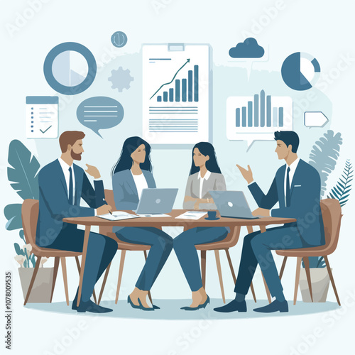 Partners meeting for business discussion with documents and laptop on desk. Couple at round table, speaking, discussing work, partnership. Flat vector on a white background