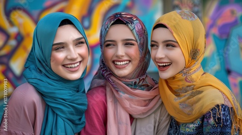 Three young Muslim women with smiles on their faces, wearing hijabs, standing in front of colorful graffiti.